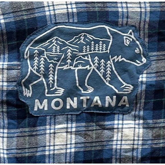 Montana Bear Plaid Flannel Button Down Shirt Kids MEDIUM Upcycled Unique Gift - Picture 2 of 5